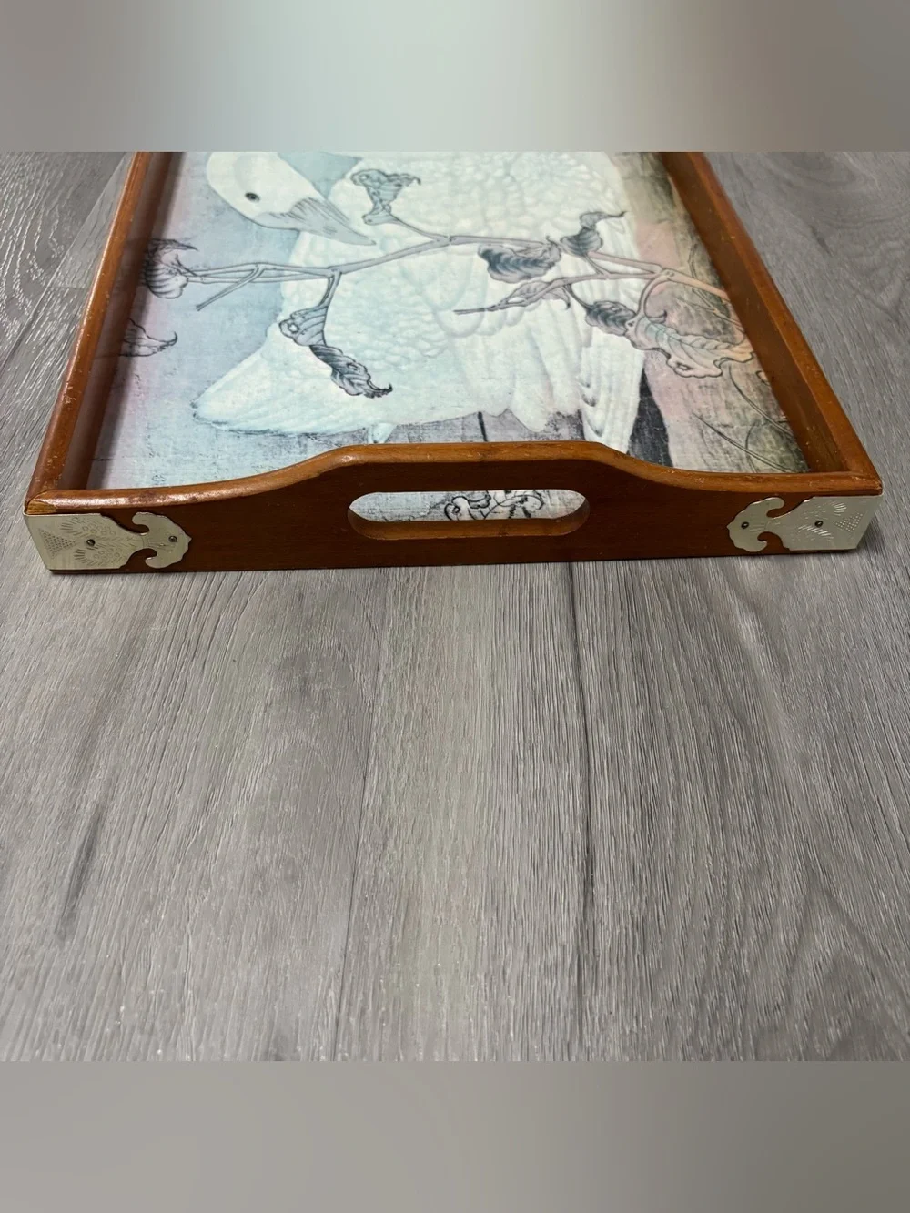 Vintage Cottage Core Farmhouse Wooden Swan Food Tray with Brass Handle Corners